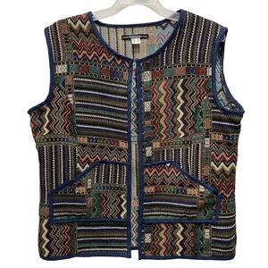 Boho Upholstery Knit Open Vest Size XL 14 Geometric Tribal Patchwork Lightweight